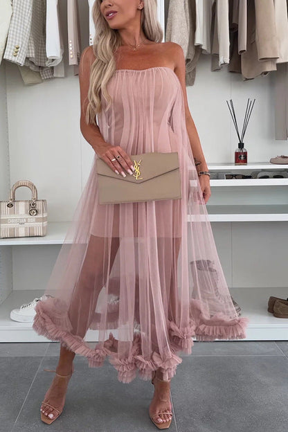 Women’s Strapless Midi Dress – Tulle Overlay – A-Line Loose Fit – Ruffle Hem