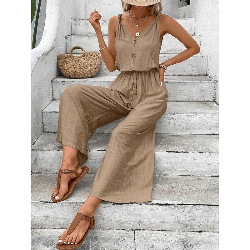 Women’s Jumpsuit – Cotton Blend – Relaxed Fit – Sleeveless Wide Leg – Button Front