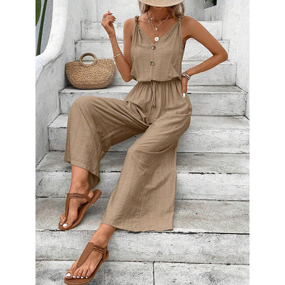 Women’s Jumpsuit – Cotton Blend – Relaxed Fit – Sleeveless Wide Leg – Button Front