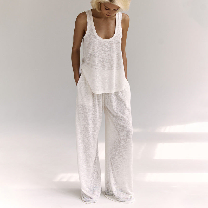 Women’s Loungewear Set – Sleeveless Twist Front Top – Wide Leg Pants – Soft Fabric