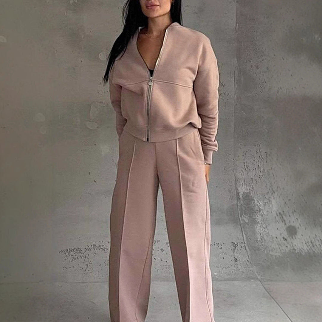 Women’s Two-Piece Set – Zip-Up Jacket – Wide-Leg Pants – Relaxed Fit – Cotton Blend