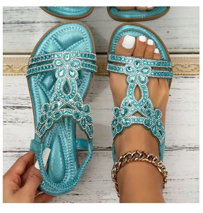 Women’s Flat Sandals – Open Toe – Rhinestone Straps – Cut-Out Slingback Casual Style