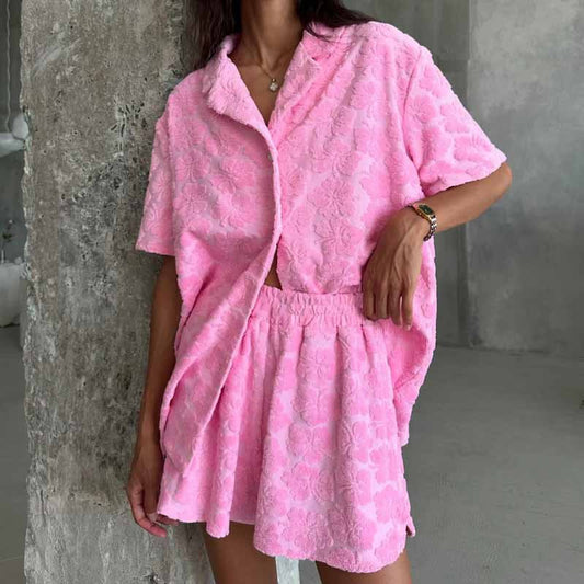 Women’s Pajama Set – Soft Knit Relaxed Fit – Button-Up Shirt and Elastic Shorts