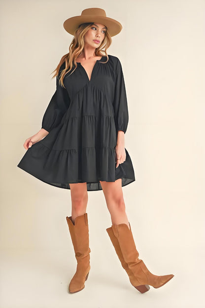 Women’s Casual Dress – Cotton – A-Line Fit – V-Neck – Tiered – 3/4 Sleeve – Short Length