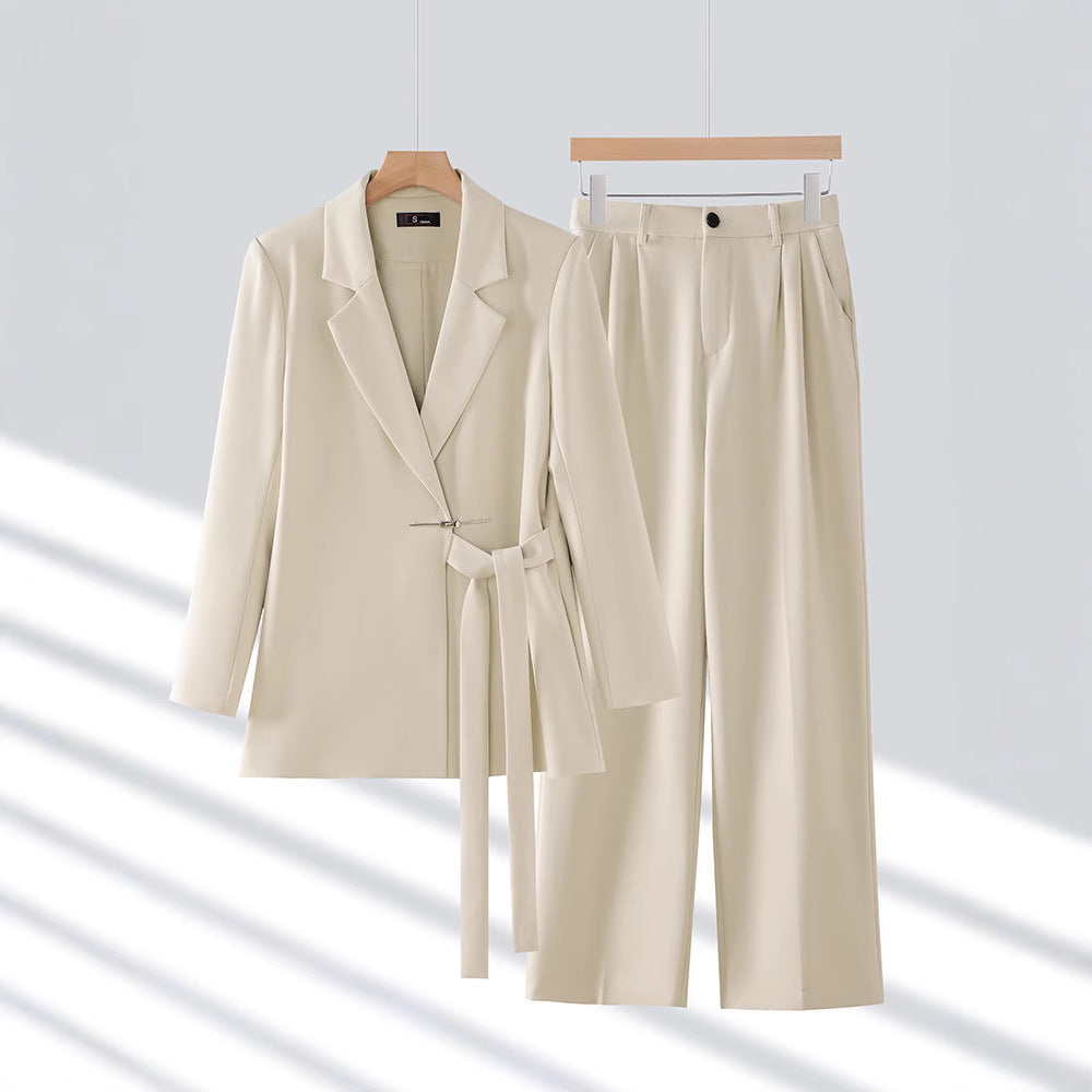 Women’s Blazer Trousers Set – Tailored Fit – Belted Waist – Wide-Leg Pleated Pants