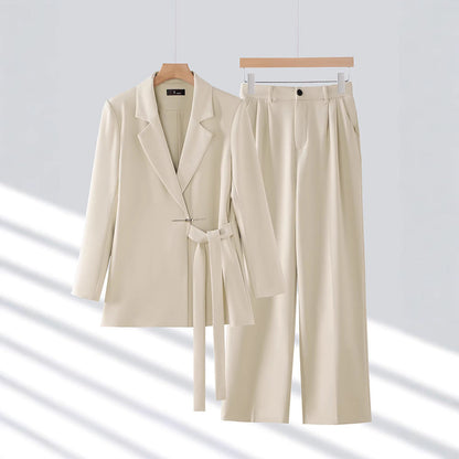 Women’s Blazer Trousers Set – Tailored Fit – Belted Waist – Wide-Leg Pleated Pants