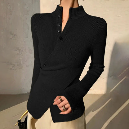 Women’s Knit Top – Slim Fit – High Neck – Long Sleeve – Asymmetric Hem – Button Detail