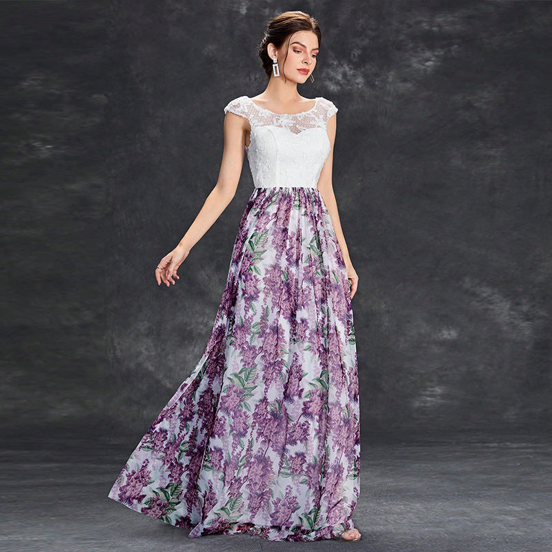 Women’s Maxi Dress – A-Line Fit – Lace Bodice – Sheer Floral Skirt – Formal Wear