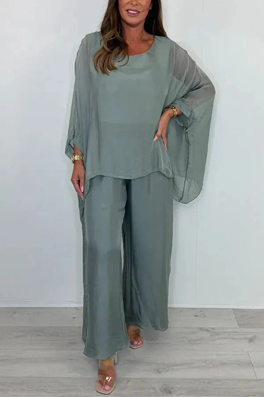 Women’s Two-Piece Set – Oversized Fit – Wide-Leg Pants – Asymmetrical Top – Chiffon
