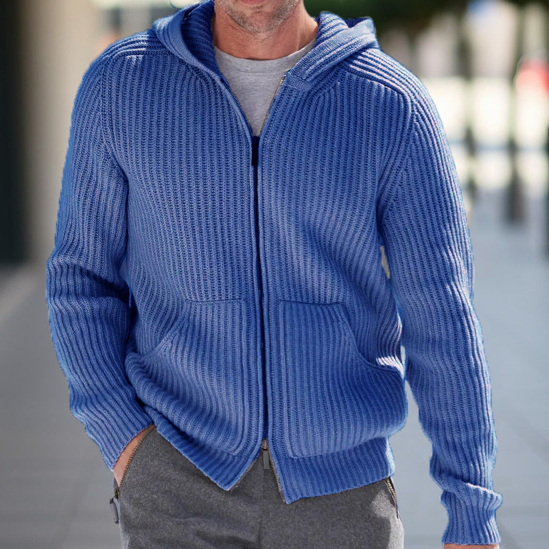 Men’s Knit Cardigan – Hooded – Relaxed Fit – Ribbed Texture – Long Sleeve Casual Wear