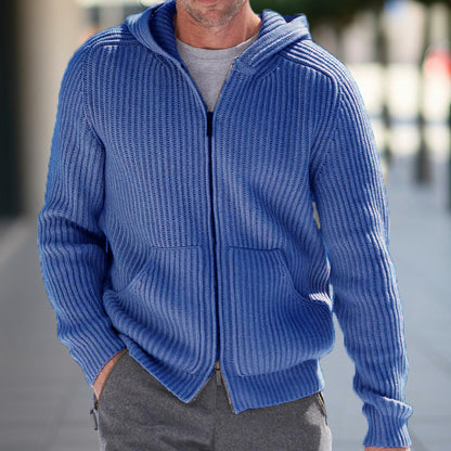 Men’s Knit Cardigan – Hooded – Relaxed Fit – Ribbed Texture – Long Sleeve Casual Wear