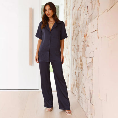 Women’s Pajama Set – Silky Relaxed Fit – Button-Down Top – Full-Length Pants