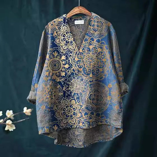 Women’s Long Sleeve Shirt – Relaxed Fit – V-Neck – Cotton Blend – Digital Print