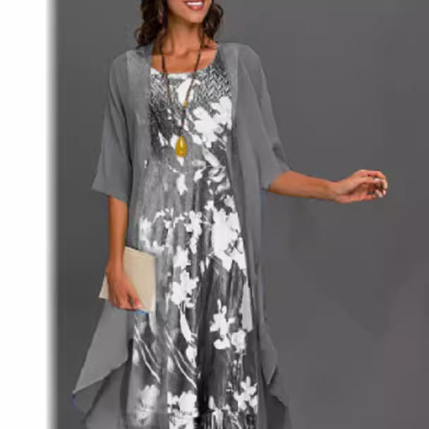 Women’s Dress Set – Relaxed Fit – Chiffon Sheer Overlay – Midi Length – Floral Layers