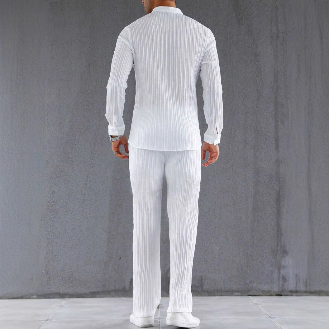Men’s Shirt and Pants Set – Slim Fit – Ribbed Texture – Lightweight Breathable Fabric