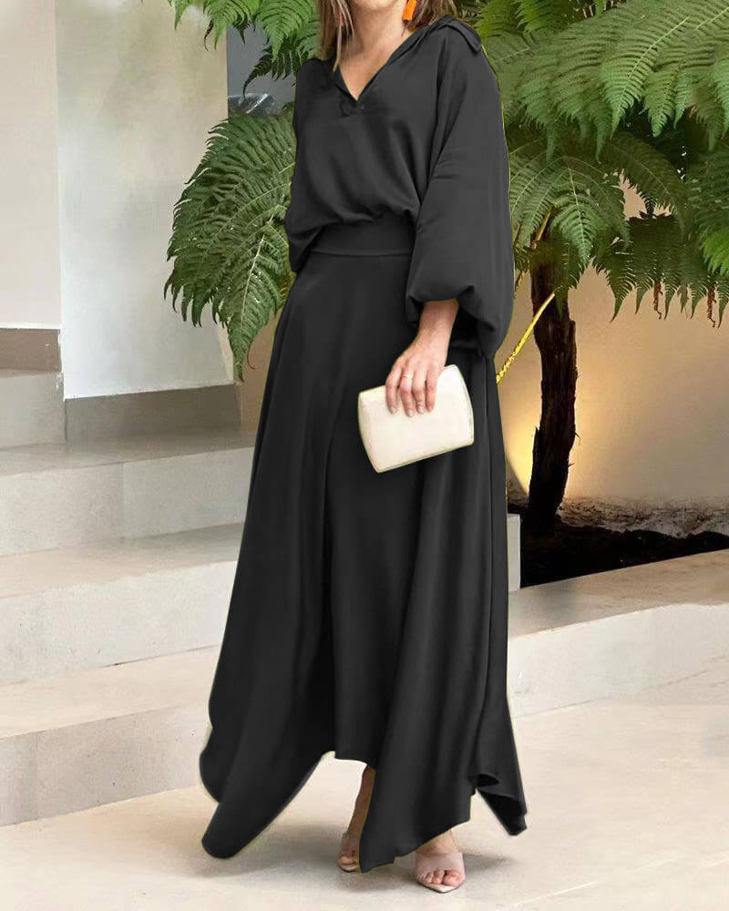 Women's Maxi Dress - Flowy Lightweight Fabric - V-Neck Long Wide Sleeves - Asymmetrical Hem