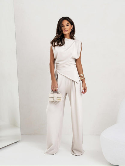 Women’s Two-Piece Pantsuit – Sleeveless Draped Top – High-Waist Wide-Leg Fit