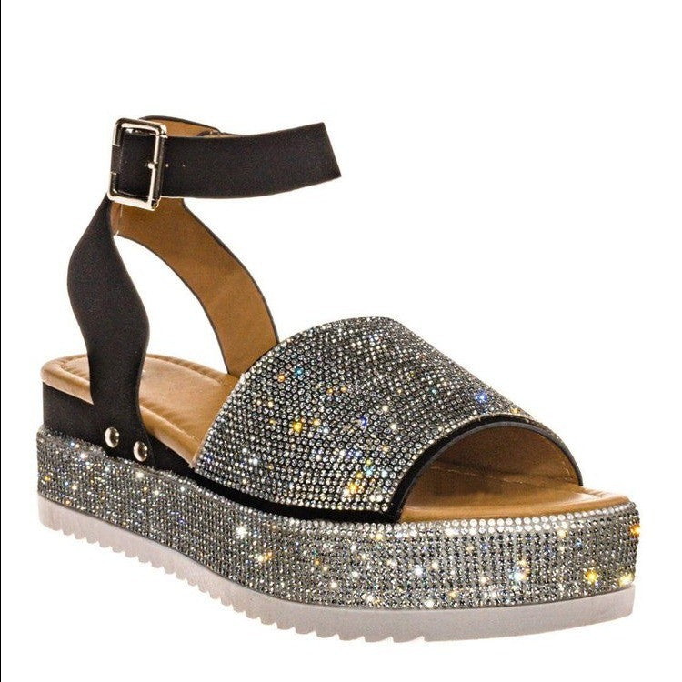 Women’s Platform Sandals – Rhinestone Strap – Chunky Sole – Buckle Ankle Strap