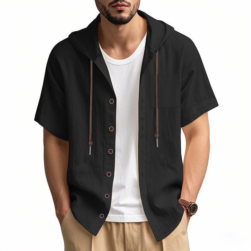 Men’s Hooded Shirt – Linen Blend – Relaxed Fit – Short Sleeve – Button-Up Casual