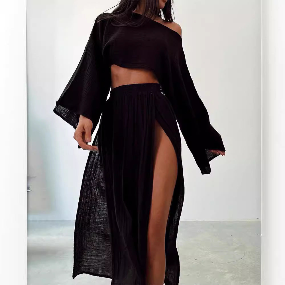 Women’s Two-Piece Set  – Boat Neck – Relaxed Fit – 3/4 Wide Sleeves – High Slit Maxi Skirt