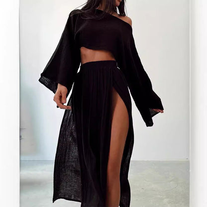 Women’s Two-Piece Set  – Boat Neck – Relaxed Fit – 3/4 Wide Sleeves – High Slit Maxi Skirt
