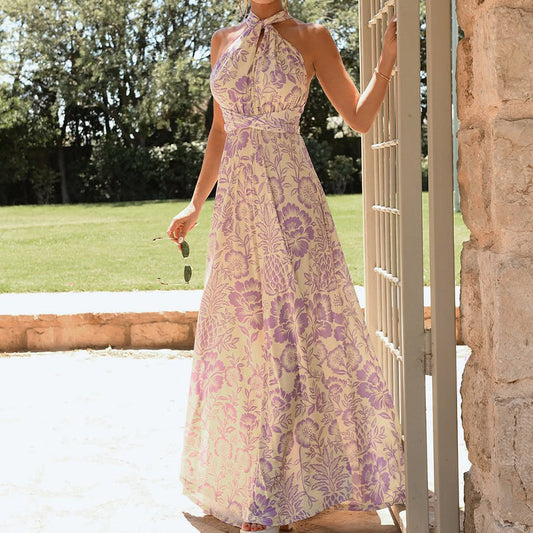Women’s Halter Neck Dress – Full Length – Floral Print – Backless Flowing Fit