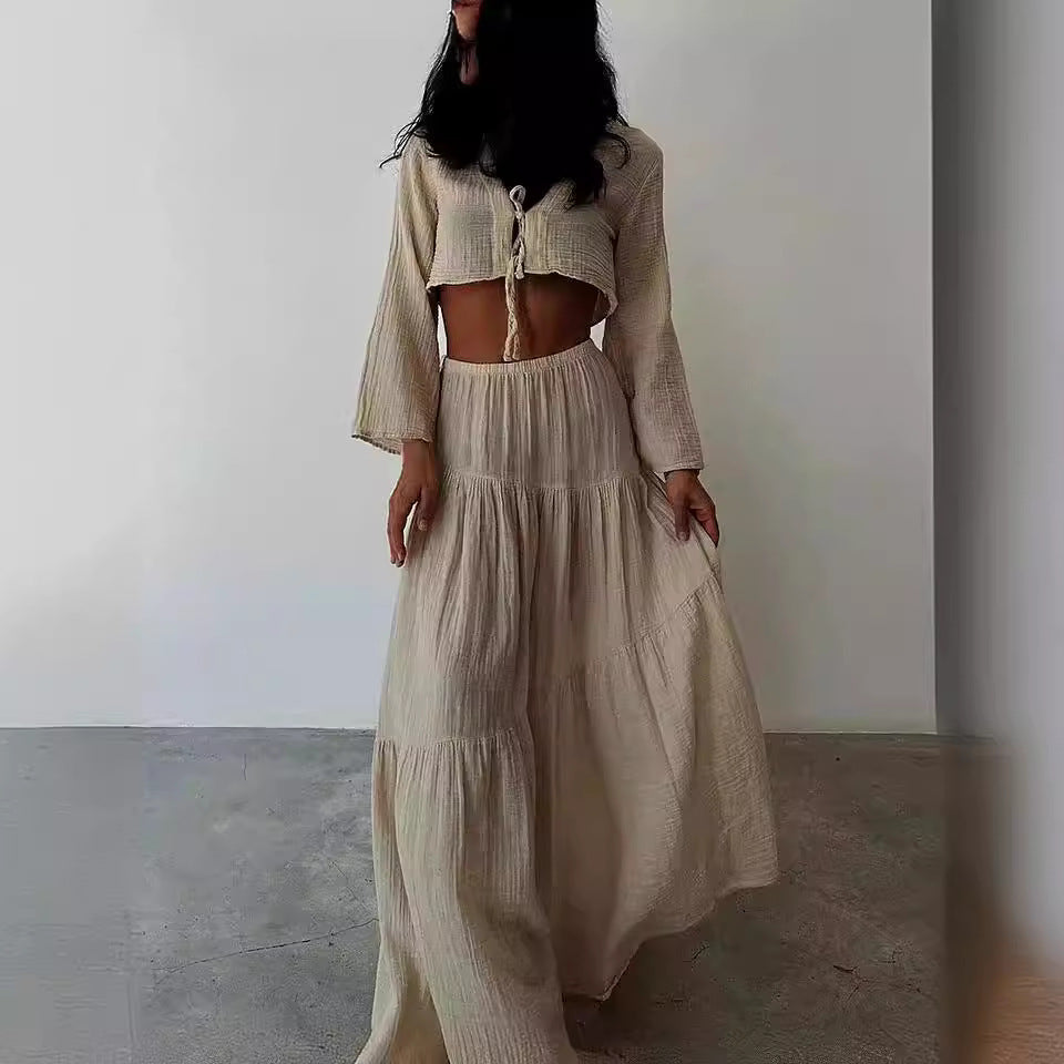 Women’s Two-Piece Set – Cotton Linen – Tie-Front Cropped Cardigan & High-Slit Skirt