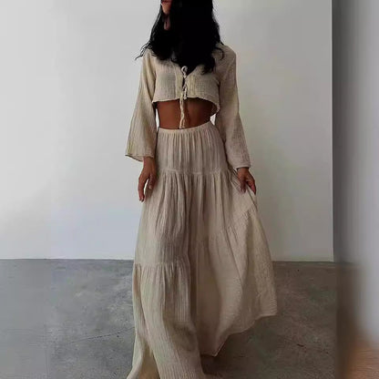 Women’s Two-Piece Set – Cotton Linen – Tie-Front Cropped Cardigan & High-Slit Skirt