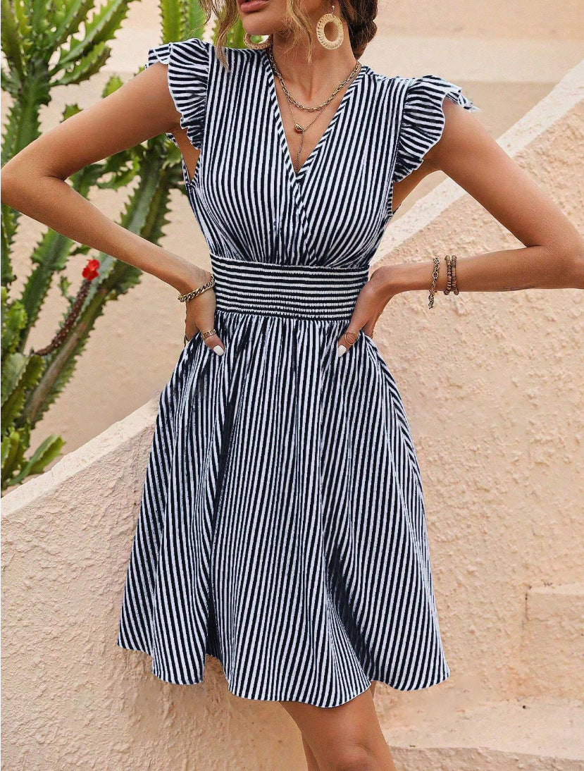 Women's Short Dress - V-Neck - Frilled Sleeves - Smocked Waist - Striped Elegant Fit