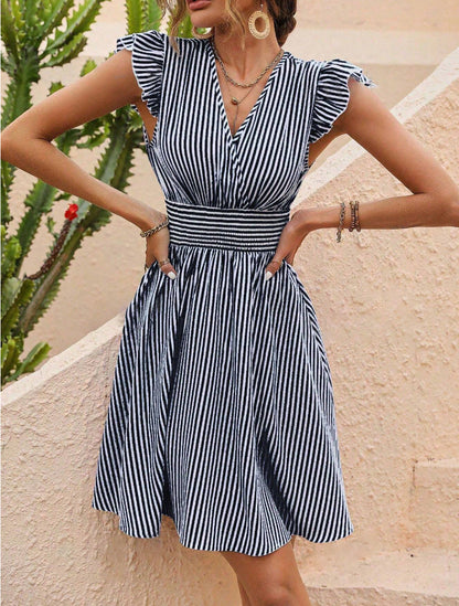 Women's Short Dress - V-Neck - Frilled Sleeves - Smocked Waist - Striped Elegant Fit