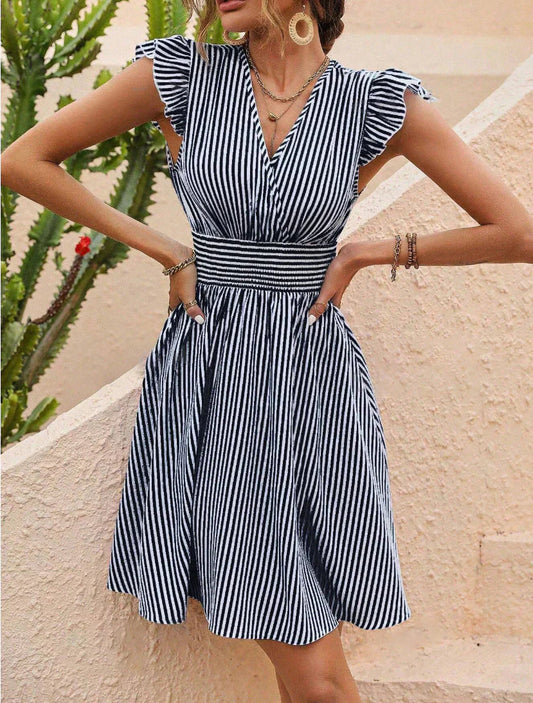Women's Striped Dress - V-Neck - Ruffle Short Sleeves - Cinched Waist - A-Line Hem