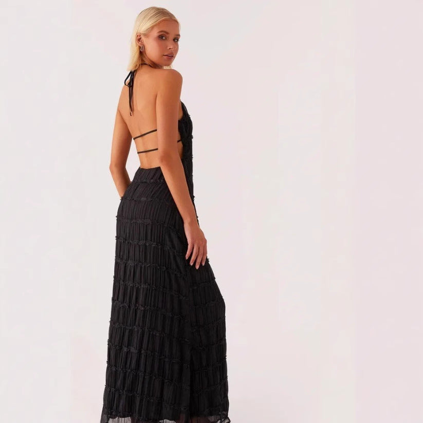 Women’s Maxi Dress – Halter Neck – Ruched Bodice – Lace Trim – Flowy Lightweight Fit