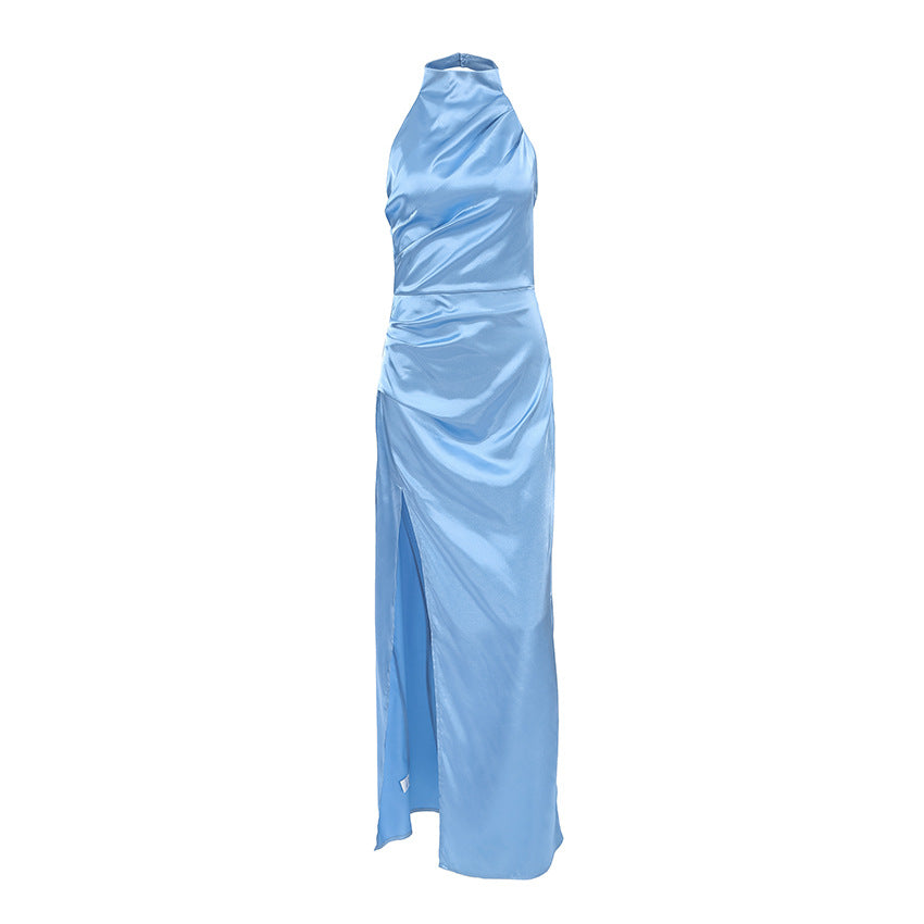 Women’s Satin Gown – Halter Neck – Slim Fit – High Slit – Elegant Formal Dress