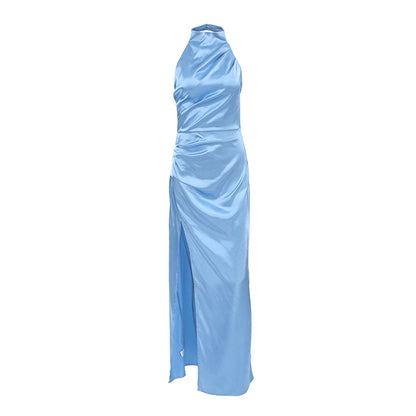 Women’s Satin Gown – Halter Neck – Slim Fit – High Slit – Elegant Formal Dress