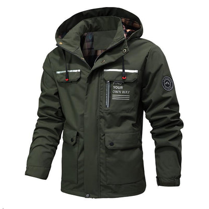 Men’s Windbreaker Jacket – Water-Resistant – Mid-Length – Hooded – Multi-Pocket Outdoor