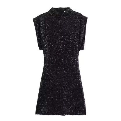 Women’s Mini Dress – Slim Fit – Sequin Fabric – Sleeveless – Structured Shoulders