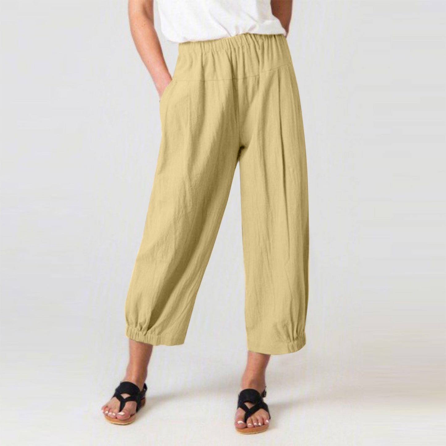 Women’s Harem Pants – Cotton Linen Blend – High Waist – Cropped Loose Fit – Elastic Waistband