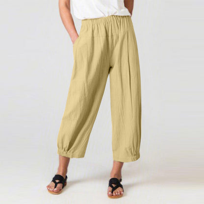 Women’s Harem Pants – Cotton Linen Blend – High Waist – Cropped Loose Fit – Elastic Waistband