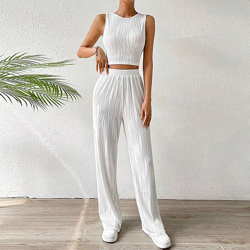 Women’s Two-Piece Set – Sleeveless Fitted Crop Top – High-Waist Straight-Leg Pants – Breathable Ripple Texture