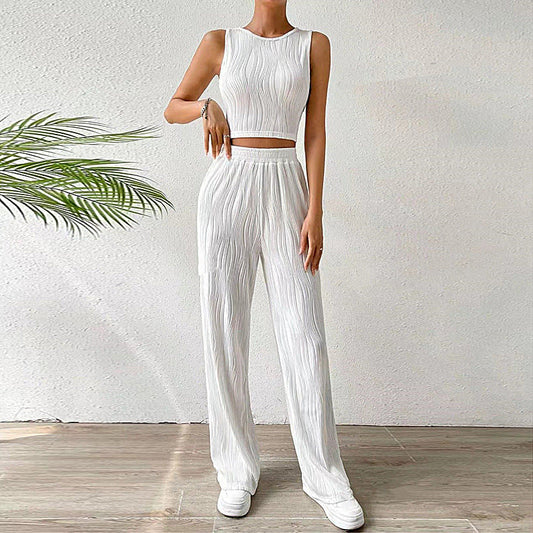 Women’s Two-Piece Set – Sleeveless Fitted Crop Top – High-Waist Straight-Leg Pants – Breathable Ripple Texture
