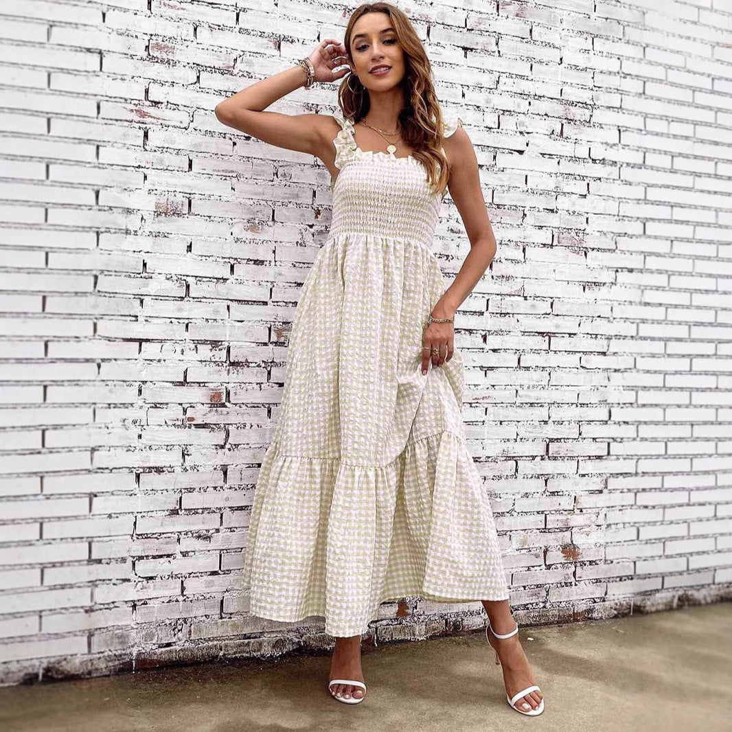Women’s A-Line Dress – Smocked Bodice – Spaghetti Straps – Tiered Maxi – Checkered