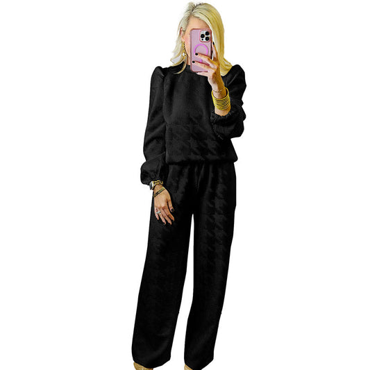 Women’s Two-Piece Set – Relaxed Fit – Wide-Leg Pants – Long Sleeve Puff Shoulder Top