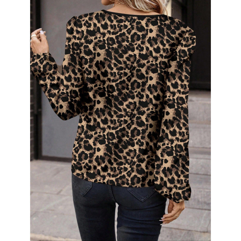 Women’s Blouse – Relaxed Fit – Leopard Print – Puff Sleeve – Casual Top