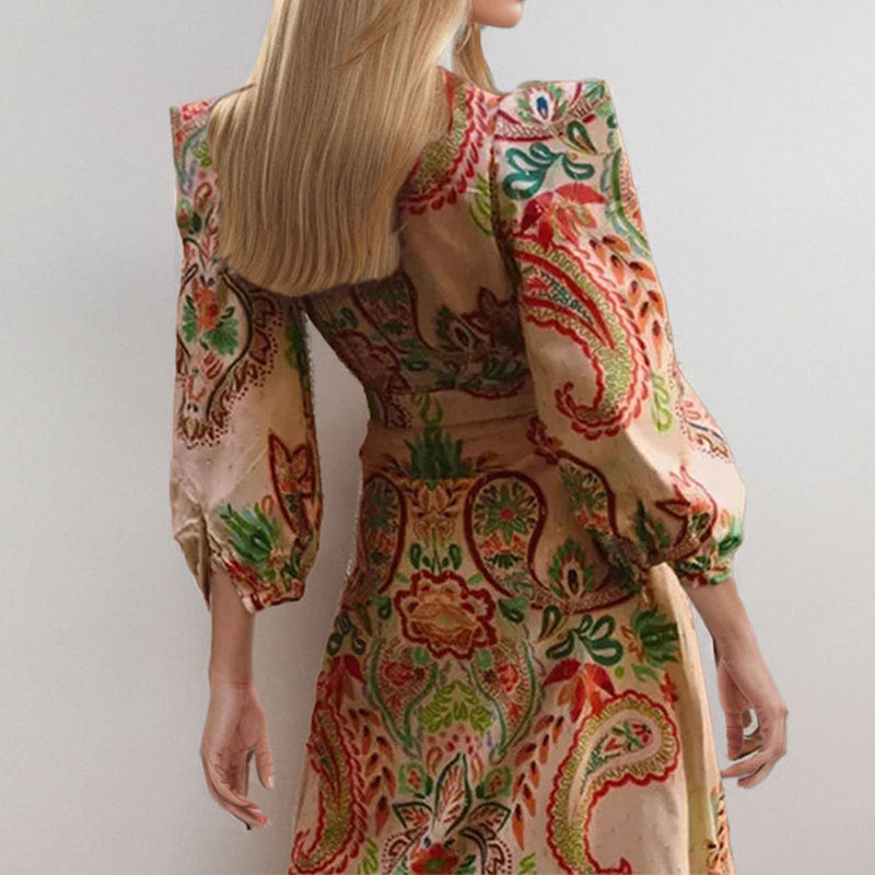 Women’s A-Line Dress – Full Length – V-Neck – Long Sleeve – Paisley Pattern