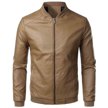 Men’s Leather Jacket – Slim Fit – Stand Collar – Zipper Front – Ribbed Hem and Cuffs