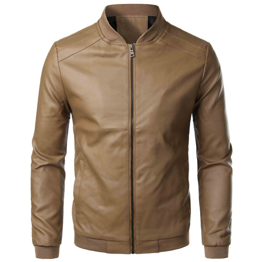 Men’s Leather Jacket – Slim Fit – Stand Collar – Zipper Front – Ribbed Hem and Cuffs