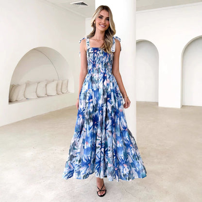 Women’s Maxi Dress – Shirred Bodice – Adjustable Straps – Tiered Skirt – Floral Print