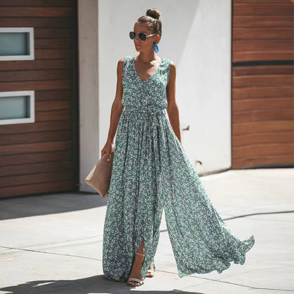 Women’s Maxi Dress – Flowy Fit – Cotton Blend – Deep V-Neck – Sleeveless Boho Style