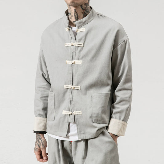 Men’s Casual Jacket – Cotton – Relaxed Fit – Chinese Frog Buttons – Stand Collar
