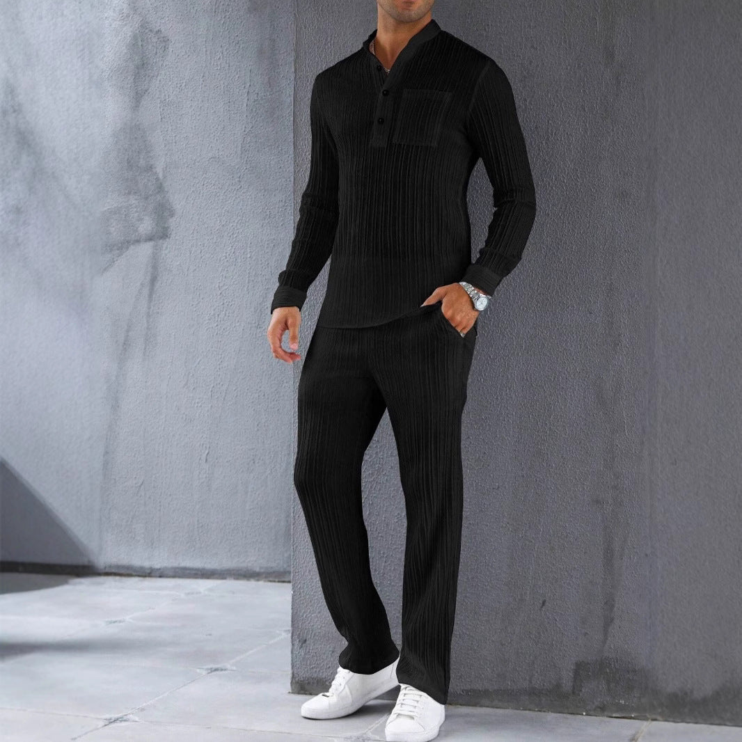 Men’s Shirt and Pants Set – Slim Fit – Ribbed Texture – Lightweight Breathable Fabric